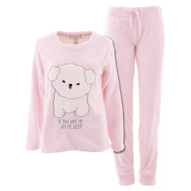 Inteco Intimates Juniors Pink Cat Plush Fleece Long Sleeved Pajamas